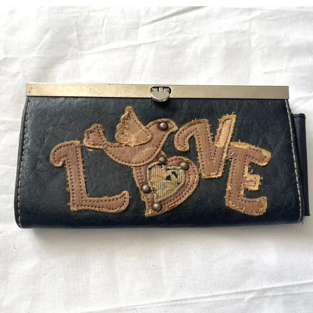 Vintage Wallet LOVE Tattoo Style Bohemian Boho Hinged Wallet Long Clutch Brown